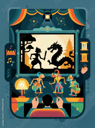 Man performing dragon and hero shadow play, flat vector design, storytelling and art concept