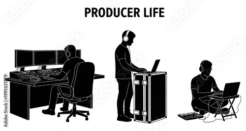 Producer Life silhouette illustrations showing artists working with audio equipment and laptops in different settings