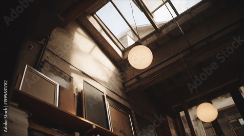 Skylight window illuminating an artist's studio with a modern hanging lamp and wooden beams.