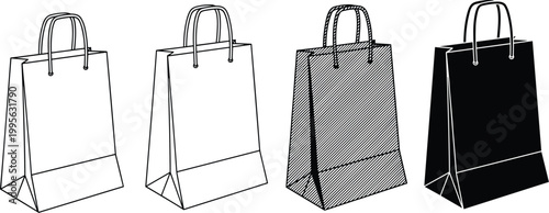 Shopping Bag Set in Outline Hatching and Silhouette Style with Rope Handle on White Background Vector Illustration