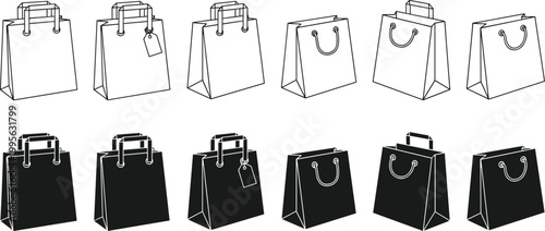 Shopping Bag Collection in Outline and Silhouette Style with Various Handle Types and Price Tag Vector Illustration