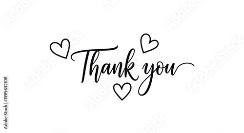 Elegant and stylish handwritten Thank You message accompanied by three simple black hearts on a clean white background for gratitude.