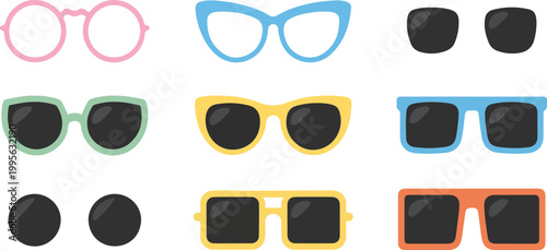 Set of colorful modern sunglasses and eyeglasses icons in flat vector style isolated on white background for summer fashion design.