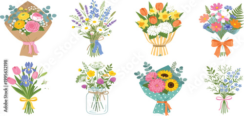 Collection of colorful flower bouquets set featuring tulips roses daisies and sunflowers in paper wraps and jars vector
