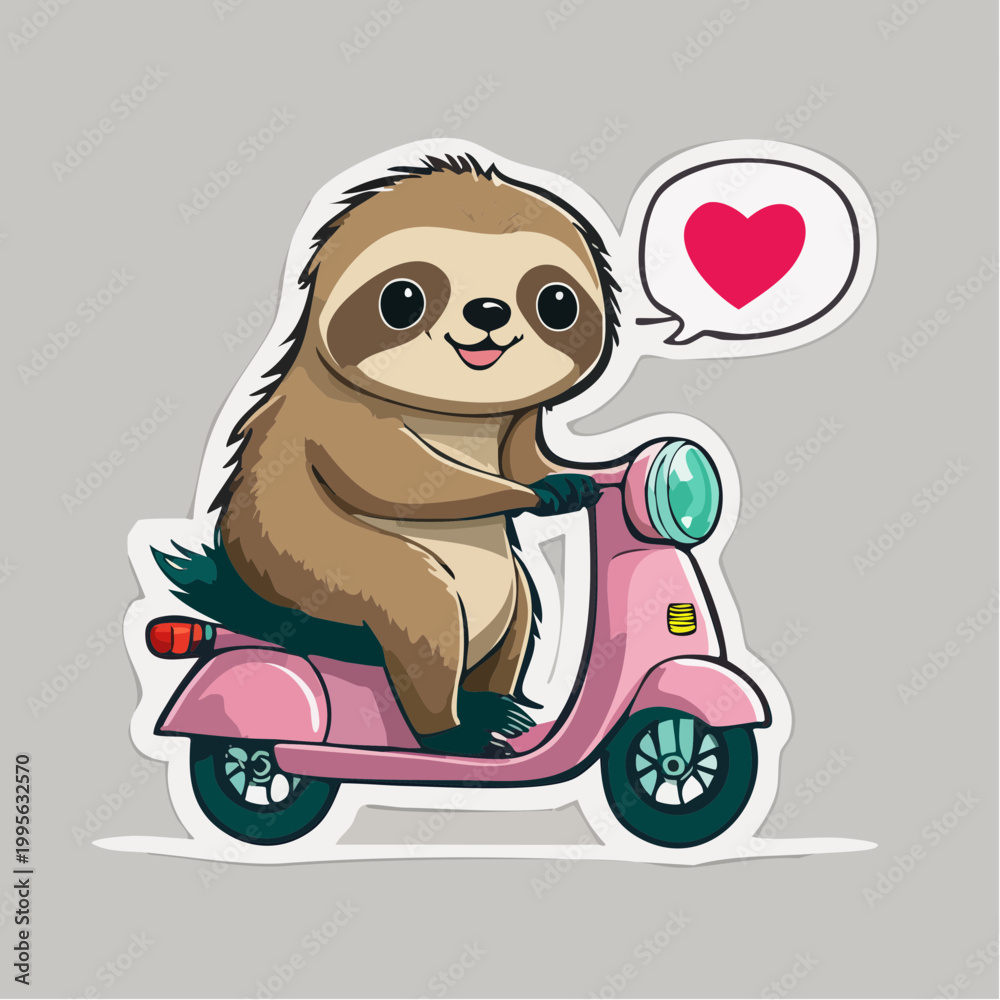 Fototapeta premium Cute Sloth Riding a Pink Scooter with a Heart Symbol