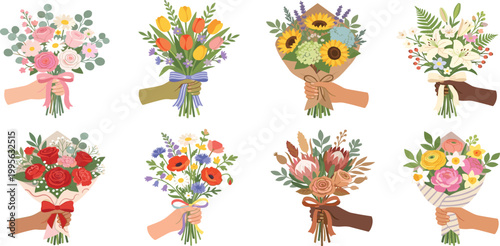 Collection of diverse hands holding beautiful floral bouquets with colorful spring flowers wrapped in paper vector illustration