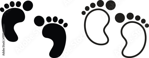 Diverse footprints vector illustration, set of unique footprints isolated on white, Featuring 18 different footprints, representing walking, standing, running, jumping, barefoot, sandals, flip flops.
