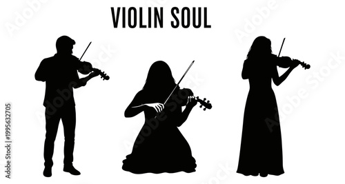 Silhouettes of musicians playing violins during a classical performance with white background