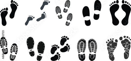 Diverse footprints vector illustration, set of unique footprints isolated on white, Featuring 18 different footprints, representing walking, standing, running, jumping, barefoot, sandals, flip flops.
