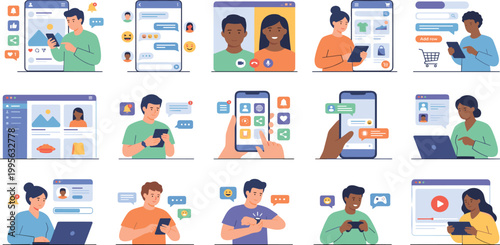 Collection of people using smartphones and laptops for social media remote communication and online digital activities vector illustration
