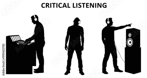 Silhouettes of people engaged in critical listening activities with audio equipment