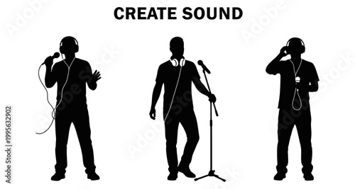 Silhouettes of people with microphones and headphones creating sound