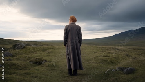 Person in long coat standing in grassy landscape back