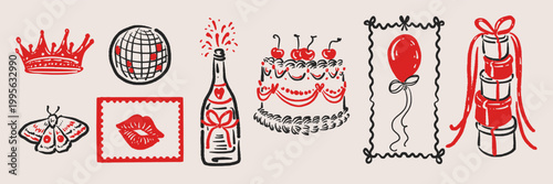 Festive party icons and celebratory elements in doodle sketch charcoal style. Birthday cake, champagne, disco ball and crown for stickers and postcard prints.