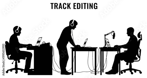 Silhouettes of people working on laptops and audio equipment in a studio setting