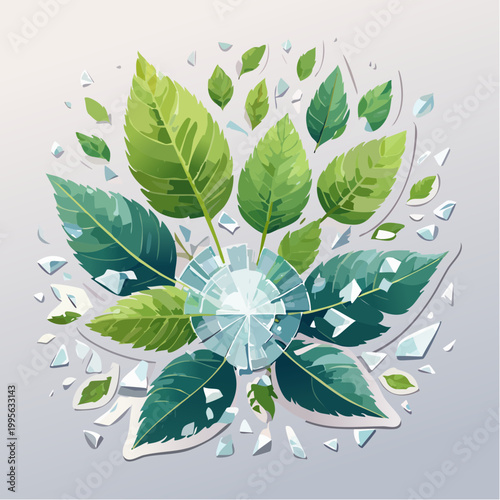 Abstract composition of green leaves and shattered glass elements