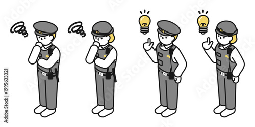 アイソメトリックイラスト:アイデアを思いつく男女 考える男女(警察官)