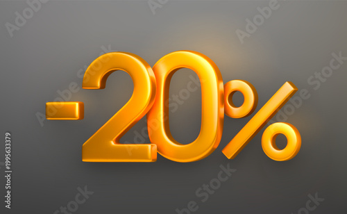 Luxury gold 3D realistic featuring minus 20 percent typography. Glossy discount number with shiny metallic finish for promotional banners, sale events, and special offer templates.