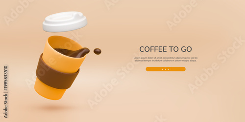 Realistic 3D disposable coffee cup with dynamic coffee splash, perfect for cafe branding and beverage advertisements. Isolated paper takeaway cup with flying liquid droplets. Hot beverage to go