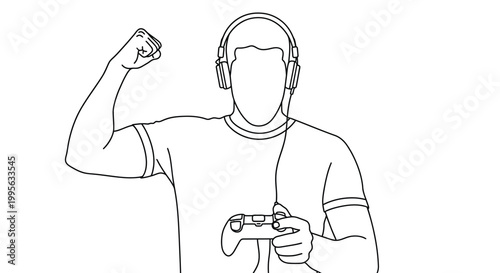 Line drawing of a gamer celebrating a victory with headphones and controller