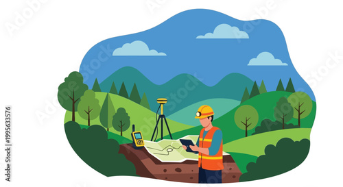 Surveyor working outdoors with equipment and a landscape backdrop