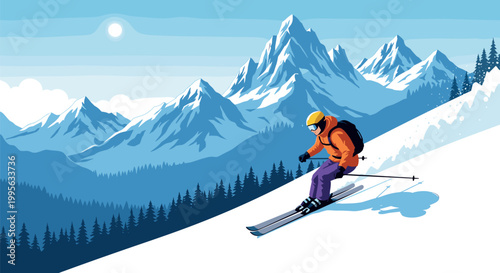 Skiing Adventure in the Mountains Vector Illustration for Winter Sports, Ski Resorts, and Outdoor Activity Graphics