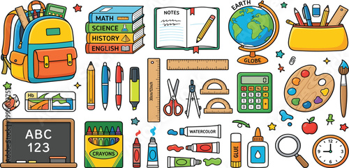 Colorful back to school stationery collection with backpack books globe chalkboard and art supplies for student classroom education design elements