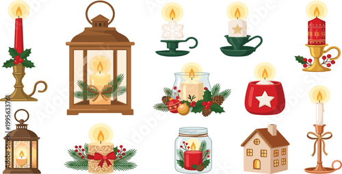 Cozy Christmas candle collection with vintage lanterns wax candles holly berries and festive decorations for winter holiday seasonal greeting card design