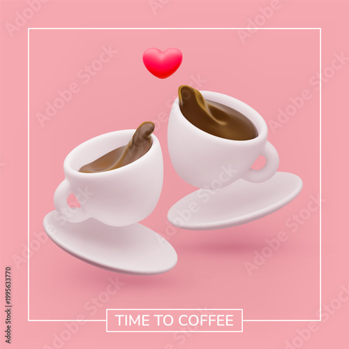 Realistic 3D coffee cups with coffee splash and heart symbol. Perfect cafe break concept featuring hot drink mugs, morning energy illustration for restaurant or kitchen decor. Vector poster