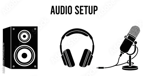 Audio setup with speaker headphones and microphone on white background