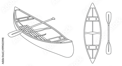 Line drawing of a canoe and paddle shown in multiple perspectives