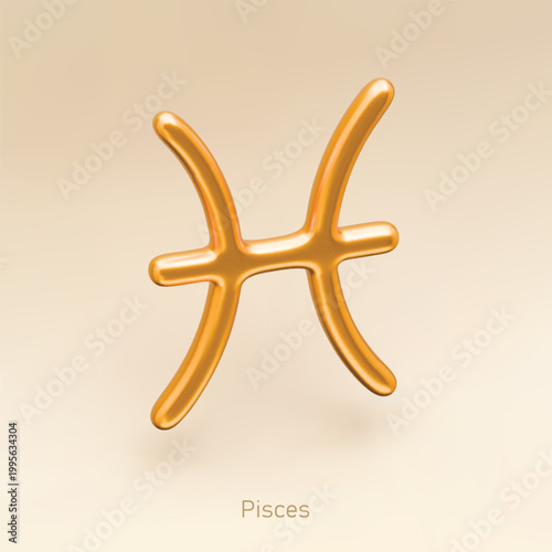 3d golden zodiac sign Pisces. Realistic vector gold icon on light background with shadow. Luxury star sign for astrology Pisces horoscope prediction.