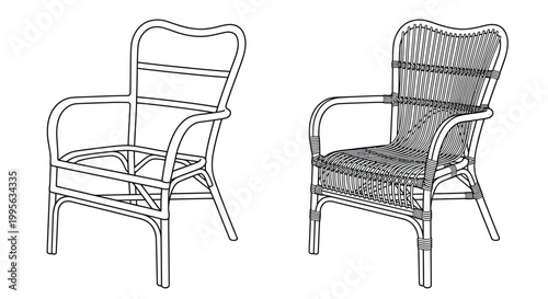 Line drawing of two rattan chairs side and perspective views
