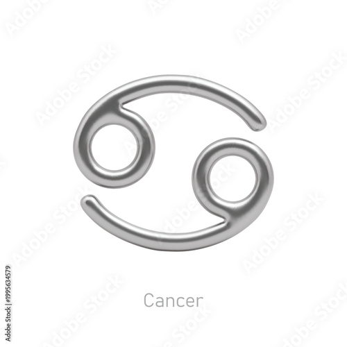 Cancer silver zodiac sign on white background. Luxury star sign for astrology horoscope prediction. Glossy zodiac symbol. 3D realistic silver design of horoscope constellation vector illustration