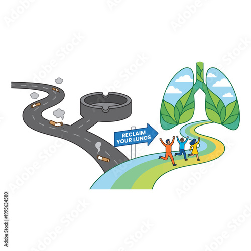 World No Tobacco Day awareness concept showing a road leading from a cigarette ashtray and polluted city to healthy lungs with people running towards clean air and green nature environment.