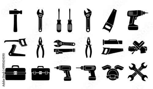 Monochrome tools icon vector set with hand tools workshop equipment black white design 
