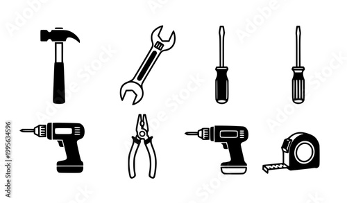 Minimal black and white tools infographic icon vector set with repair and construction symbols