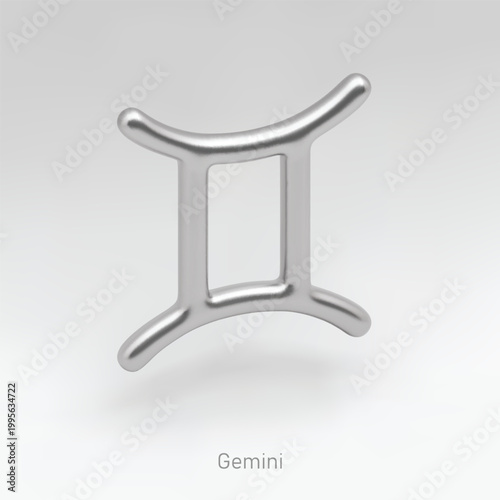 3d silver zodiac sign Gemini. Realistic vector silver icon on light background with shadow. Luxury star sign for astrology Gemini horoscope prediction.