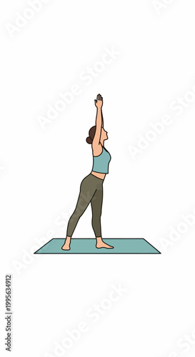 Woman doing Sun Salutation A yoga pose, Urdhva Hastasana, on mat