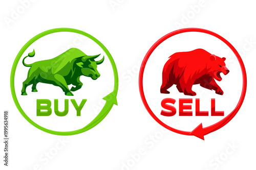 Buy and Sell Signals with Bull and Bear Icons. Bullish and Bearish Market Concept