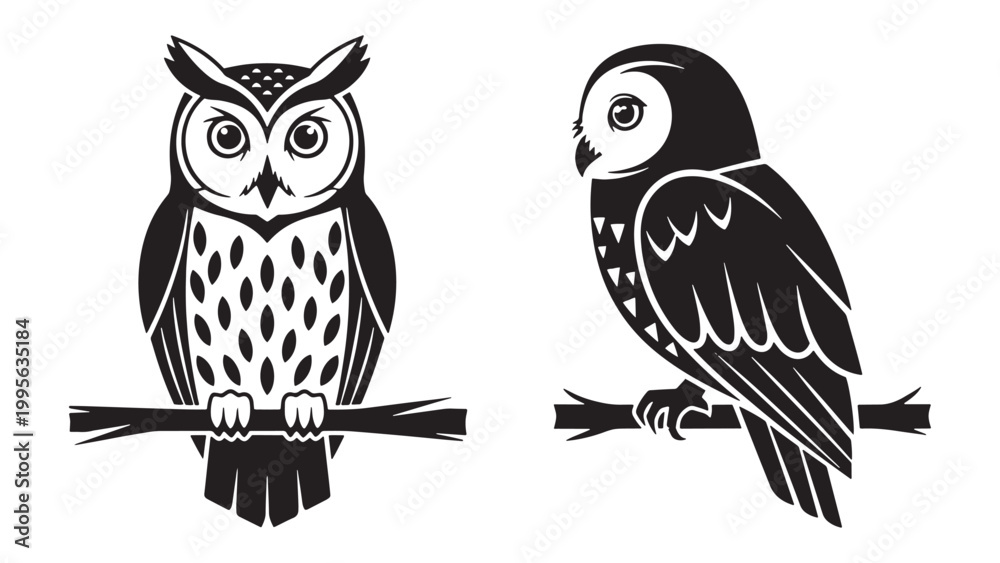 Obraz premium Stylized black and white vector illustration of two distinct owls, one front-facing and one side-profile, perched on tree branches, isolated.