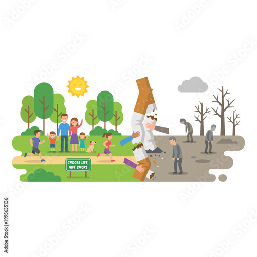 World No Tobacco Day illustration showing the contrast between a healthy green park and a dead grey environment with a giant broken cigarette in flat 2D vector style for awareness campaign poster.