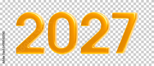 Golden 3D number 2027 for New Year celebration. Realistic gold sign isolated on transparent background. New Year greeting cards, festive Christmas backgrounds, and holiday party invitations element