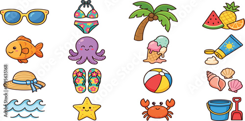 Cute summer beach vacation vector icons collection featuring sea creatures tropical fruits and holiday travel accessories for creative projects