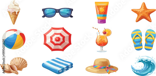 Detailed summer beach vacation icons featuring ice cream sunglasses sunscreen and holiday accessories for creative design and projects