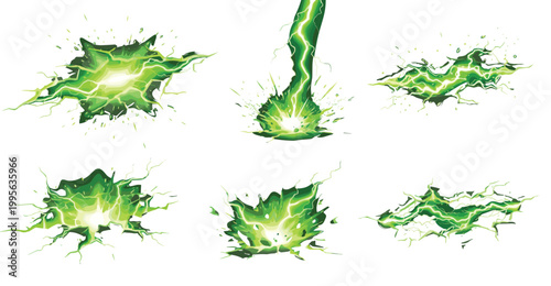 Green lightning electrical discharge set with energy blast effects for game design and comic illustration vector graphic