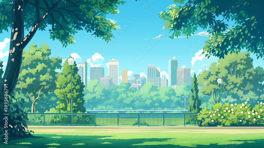 Naklejka premium 街中に広がる自然豊かな公園の風景を描写したイラスト素材で、散歩や憩いの時間を感じさせる穏やかな雰囲気と植栽や遊歩道の調和が美しい背景ビジュアルコンテンツ