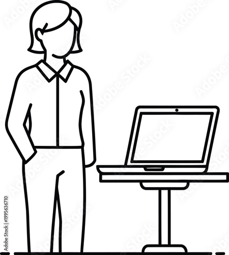 A woman stands confidently next to a laptop on a desk