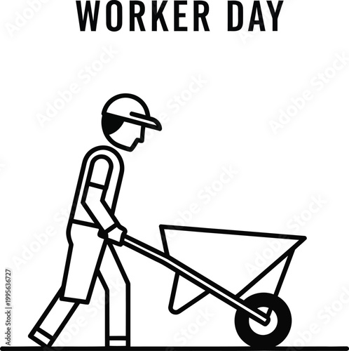 A worker pushing a wheelbarrow on a busy workday morning