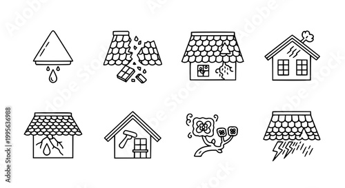 Solar Panel Damage and Issue Icon Set with Broken Panels Wind Damage and House Rooftop Problems in Clean Outline Style